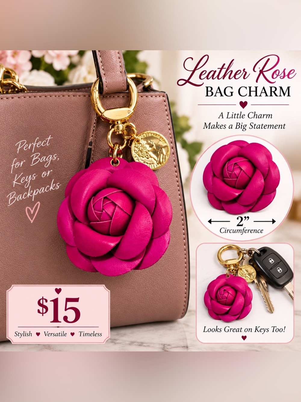 Leather Rose Bag Charm